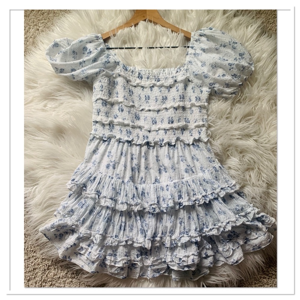 LoveShackFancy Fellows Floral Dress Blue White Size Medium